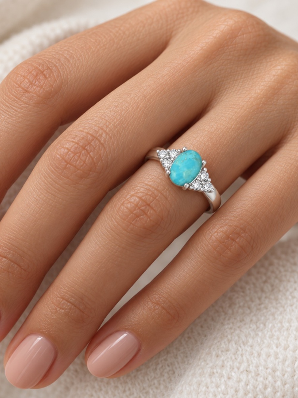 925 Sterling Silver Oval Turquoise CZ Cluster Ring